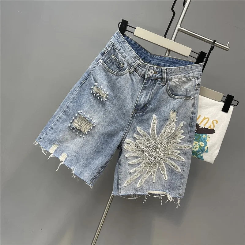 Summer Denim Shorts Women Tassel Sequin Beading Fashion Ripped Jeans Shorts High Waist Knee Length Pants Female