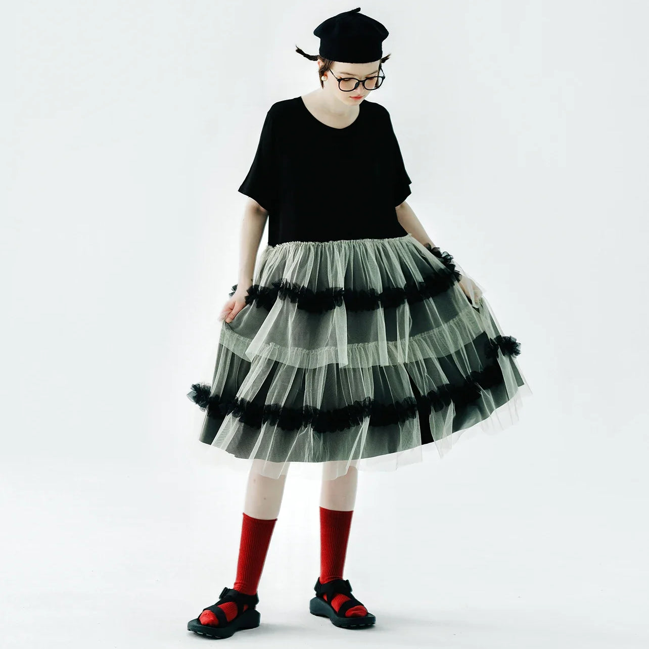 IMAKOKONI Original Design Black Short Sleeve Dress Mesh Splice Casual Loose Fit Dress 234147