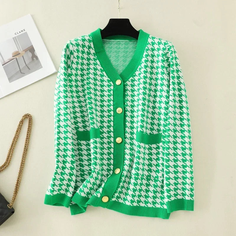Houndstooth Cardigans Long Sleeve Sweater Women Autumn Winter Clothes Open Stitch Female Outwear Streetwear Knitted Cardigan green One Size