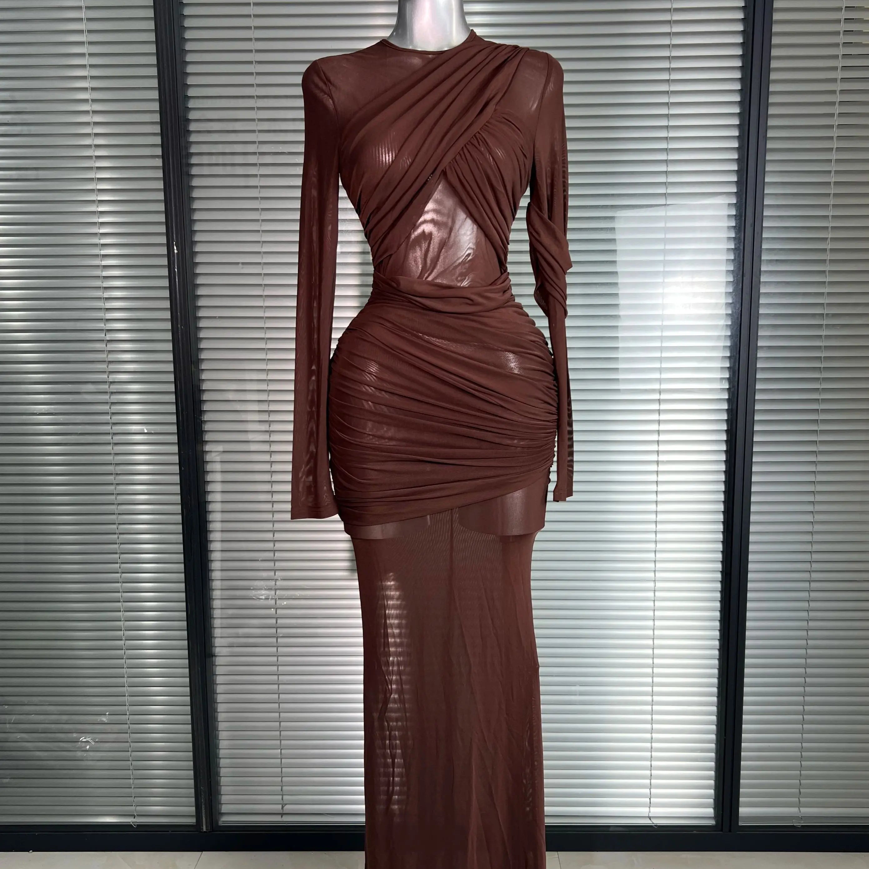 Summer New Women Sexy Long Sleeve Lace Mesh Ruched Maxi Dress Brown High Street Party Dress