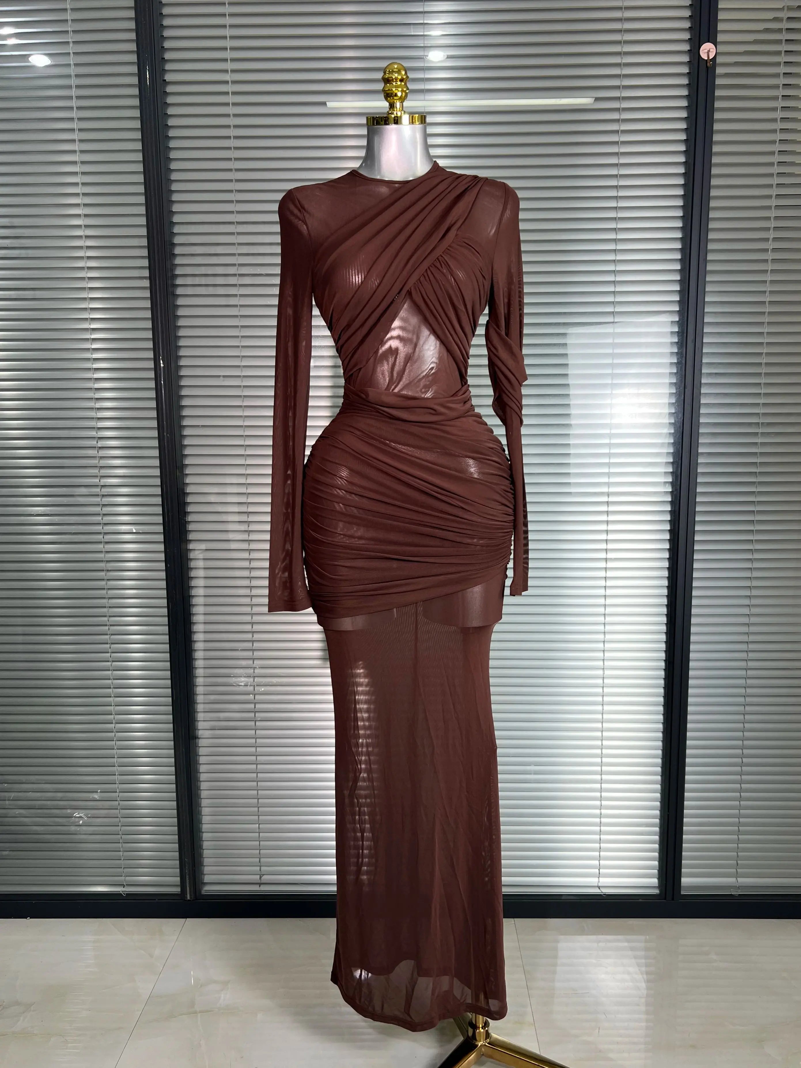 Summer New Women Sexy Long Sleeve Lace Mesh Ruched Maxi Dress Brown High Street Party Dress