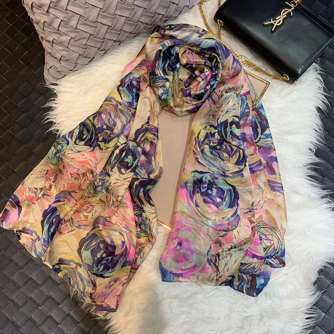 [BYSIFA] Ultralarge Spring Autumn Silk Scarf Wraps Brand Female Long Scarf Cape Fashion New Design Lace Pattern Blue Silk Scarf pink blue
