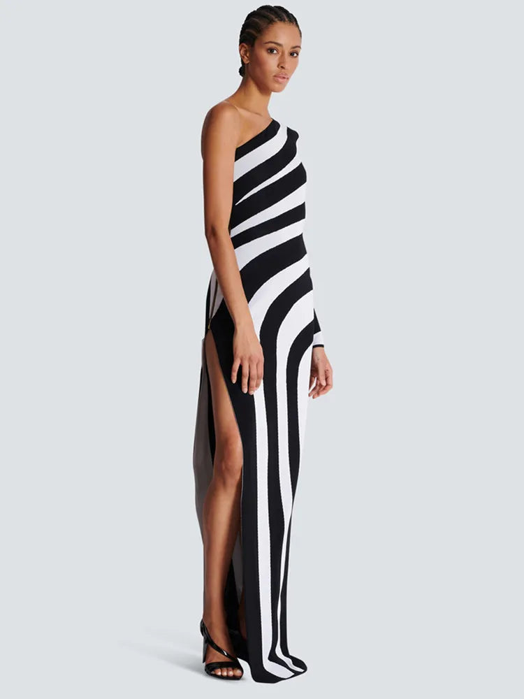 Women Celebrity Sexy One Shoulder Striped Jacquard Maxi Long Split Bodycon Bandage Dress 2024 Elegant Evening Club Party Dress