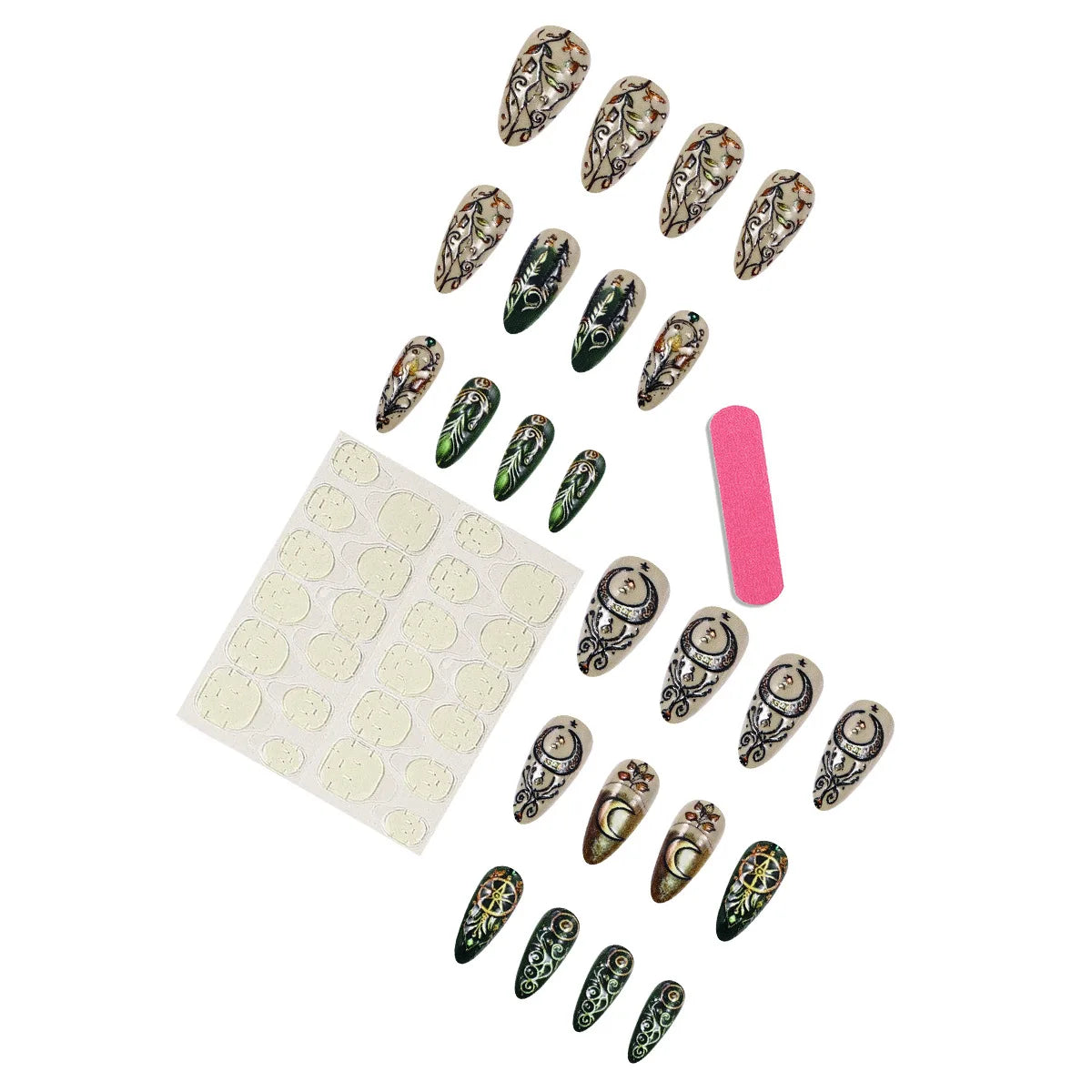 24pcs Mandala style False Nails Moon Flower Pattern Press on Nails European Retro Fake Nail Patch Women Lady Wearable Design