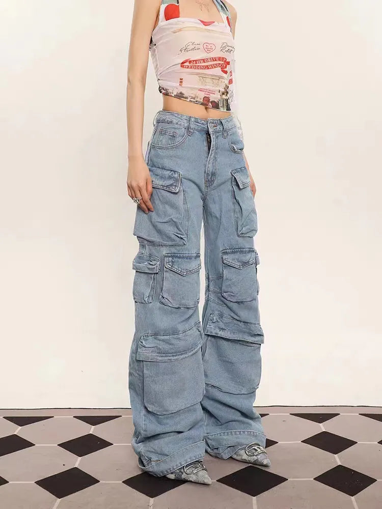 Grunge Punk High Street Style Oversized Cargo Jeans Women Spring Autumn Y2K Korean Fashion Pockets Loose Denim Boyfriend Pants