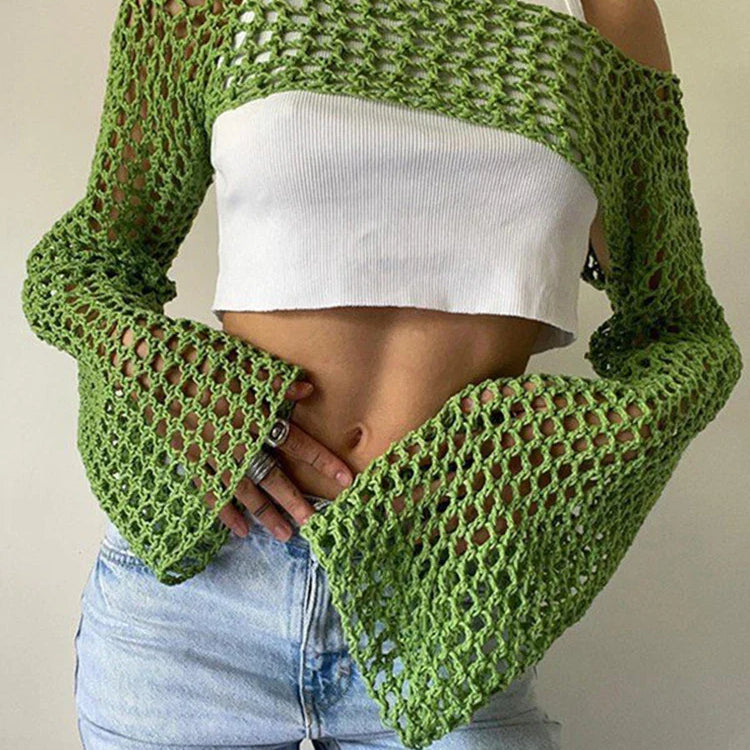 Hollow Out Crochet Bolero Knit Sweater Top Women Sweaters green