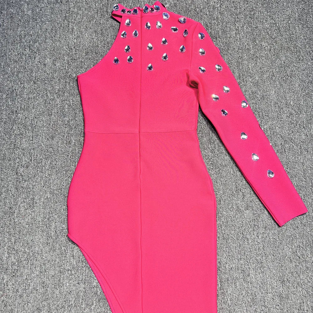 Rosered Color Women Sexy One Shoulder Big Crystal Bodycon Long Bandage Dress Celebrate Evening Party Birthday Fashion Dress