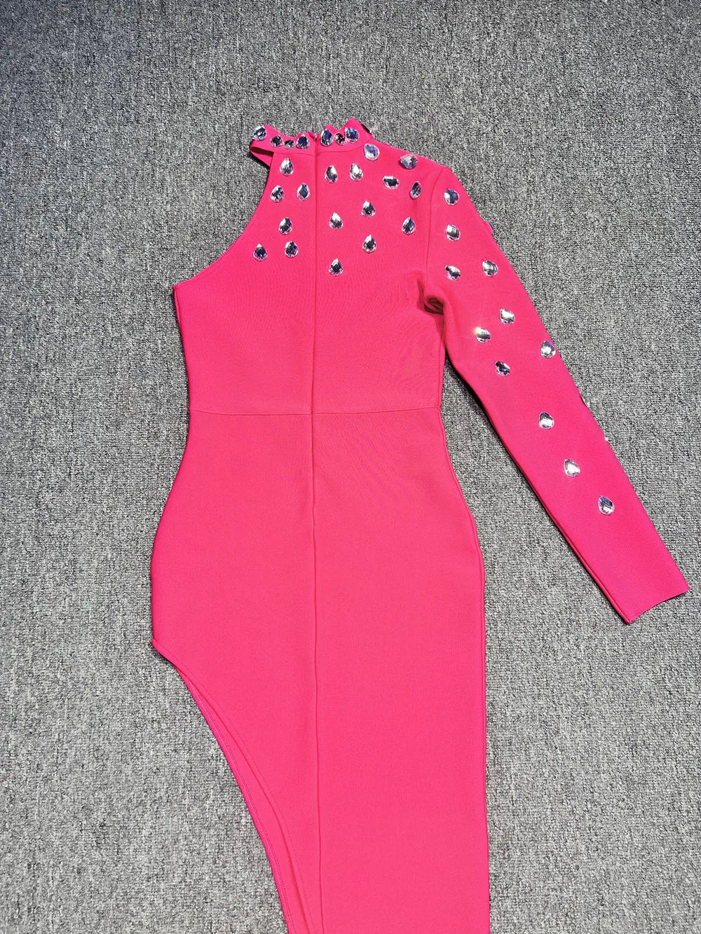 Rosered Color Women Sexy One Shoulder Big Crystal Bodycon Long Bandage Dress Celebrate Evening Party Birthday Fashion Dress