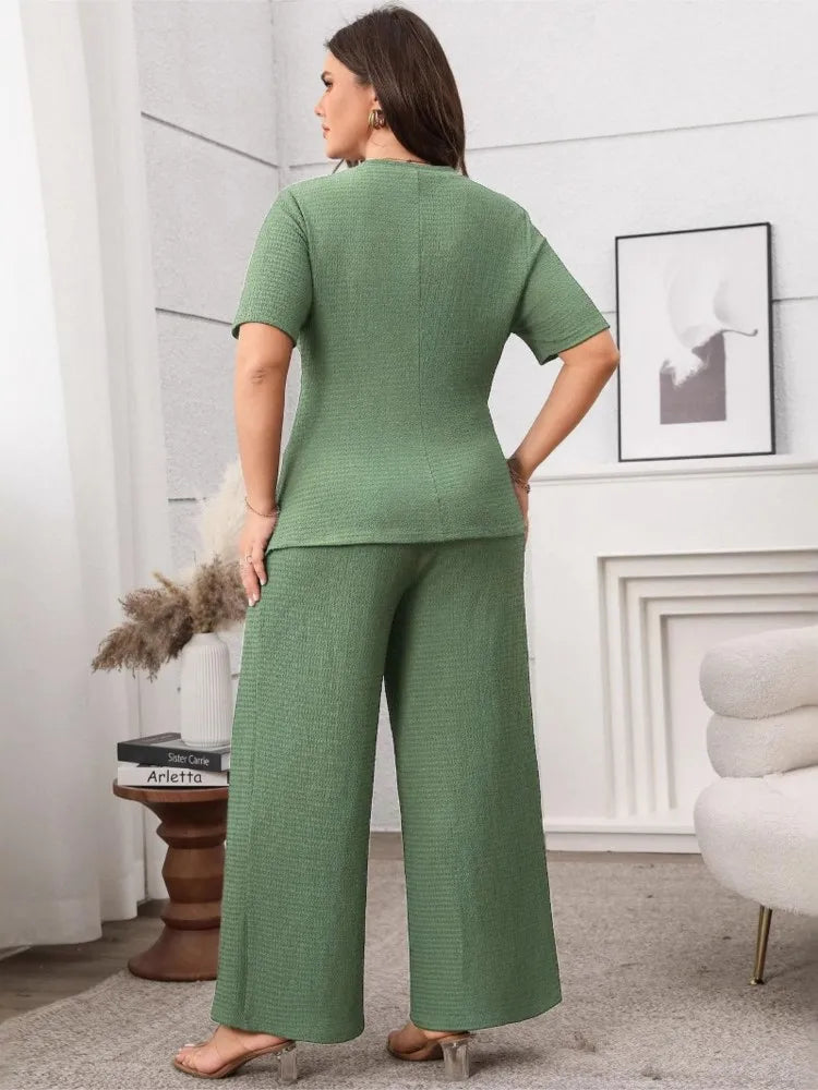 Plus Size Summer 2 Two Piece Set Women Irregular Slim Waist Fashion Ladies Blouses Wide Leg Loose Pleated Woman Long Pants