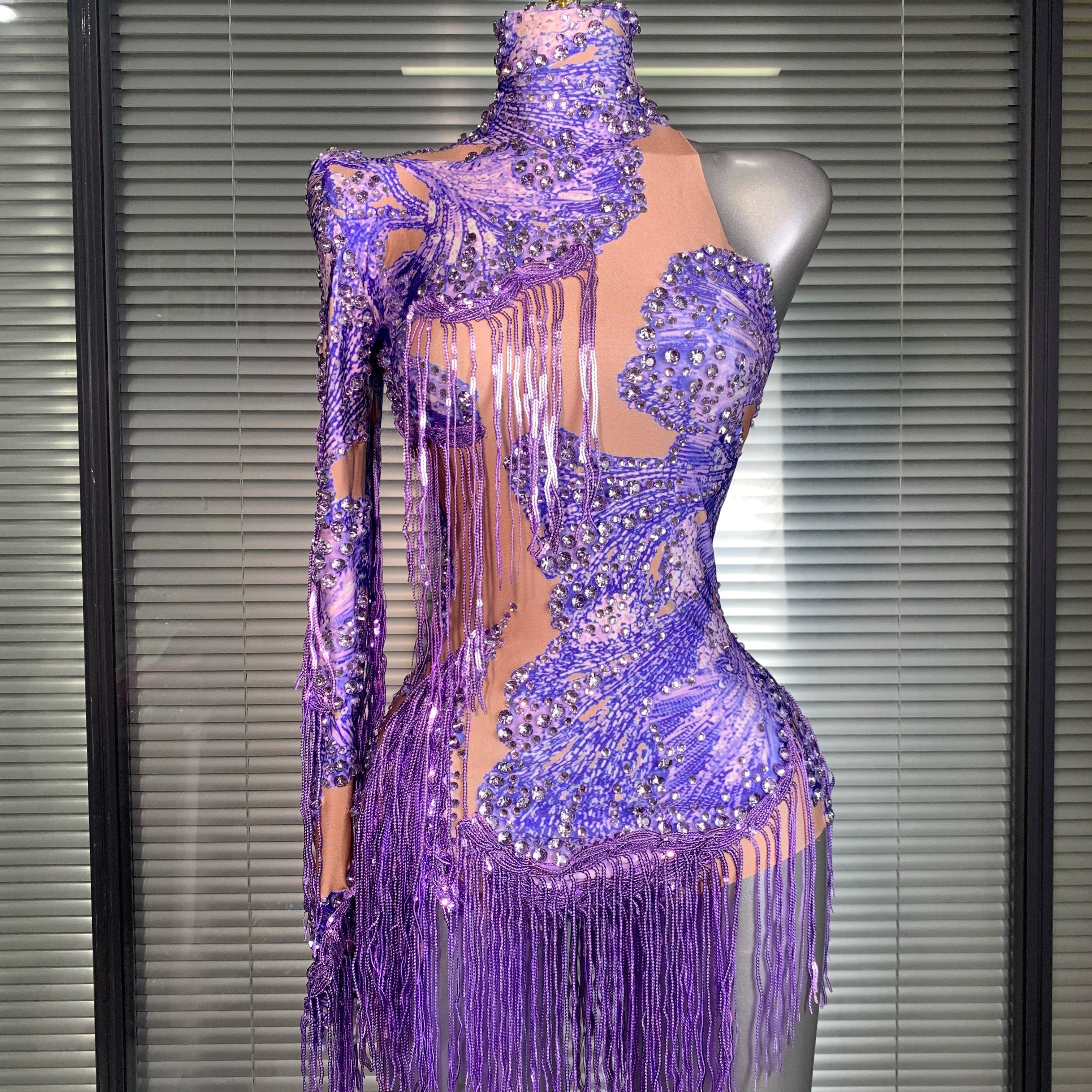 New Celebrity Women Sexy Purple Blue Stretchy Single Sleeve Night Club Singer Dancer Tassel Stage Costume Party Bodysuit