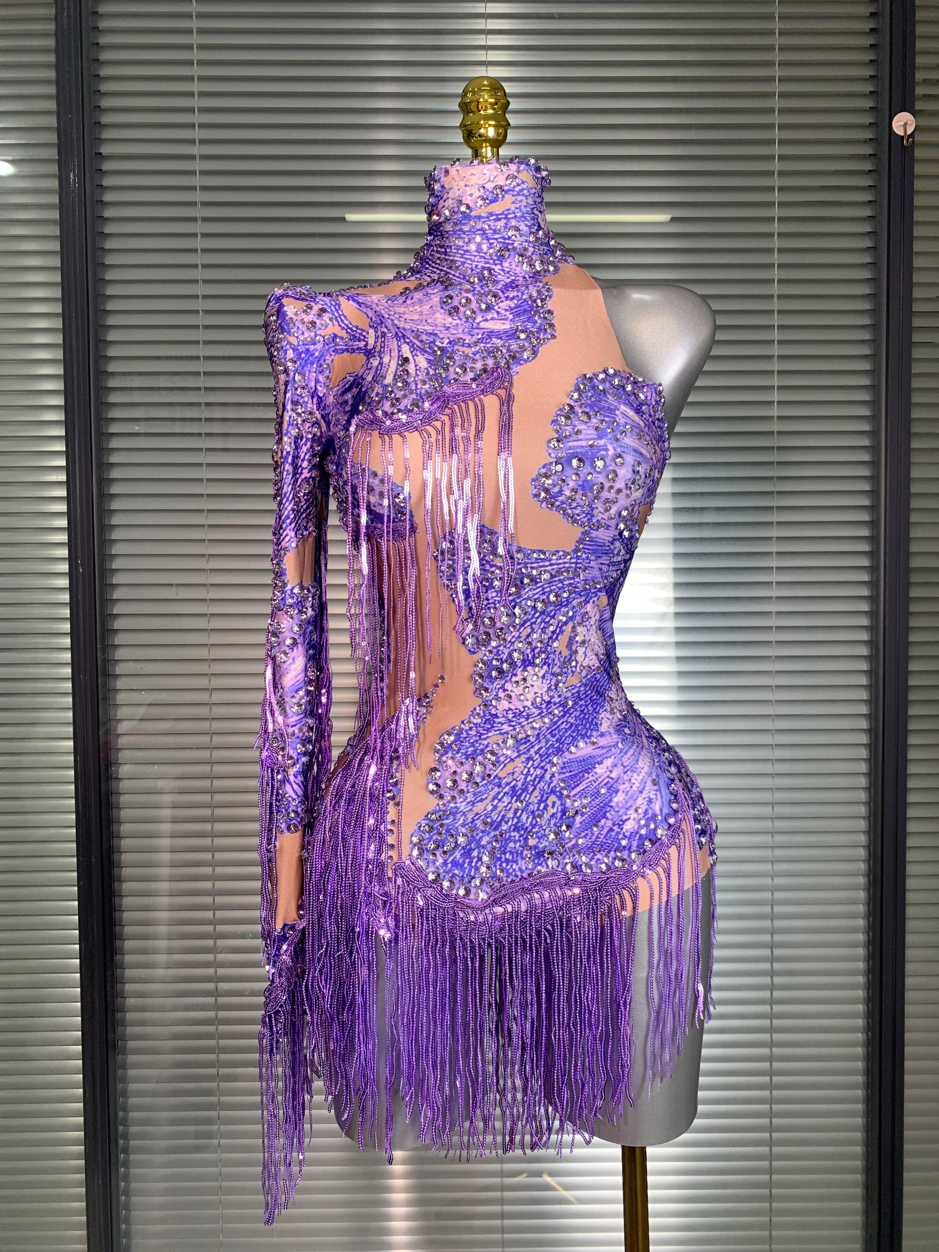 New Celebrity Women Sexy Purple Blue Stretchy Single Sleeve Night Club Singer Dancer Tassel Stage Costume Party Bodysuit