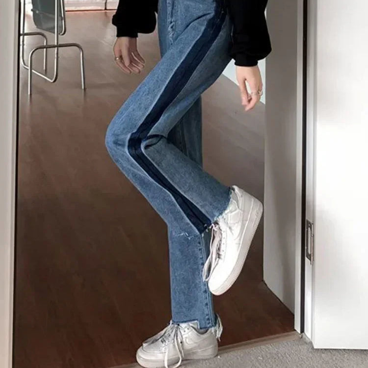 Korean Ankle Length New Hight Waist Side Stripe Straight Jeans Woman Baggy Big Size 5xl Wide Leg Denim Pants Spring