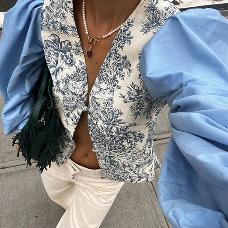 Fashion Print Lantern Sleeve Shirt Women Loose Buttons V-neck Split Female Top Summer Lady Patchwork Blue Streetwear