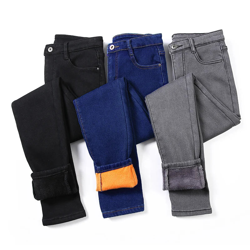 Women Stretch High Waist Skinny Warm Thick velvet Jeans Lady Mom Cotton Pants Student Winter Pencil Trousers clothes 38 40