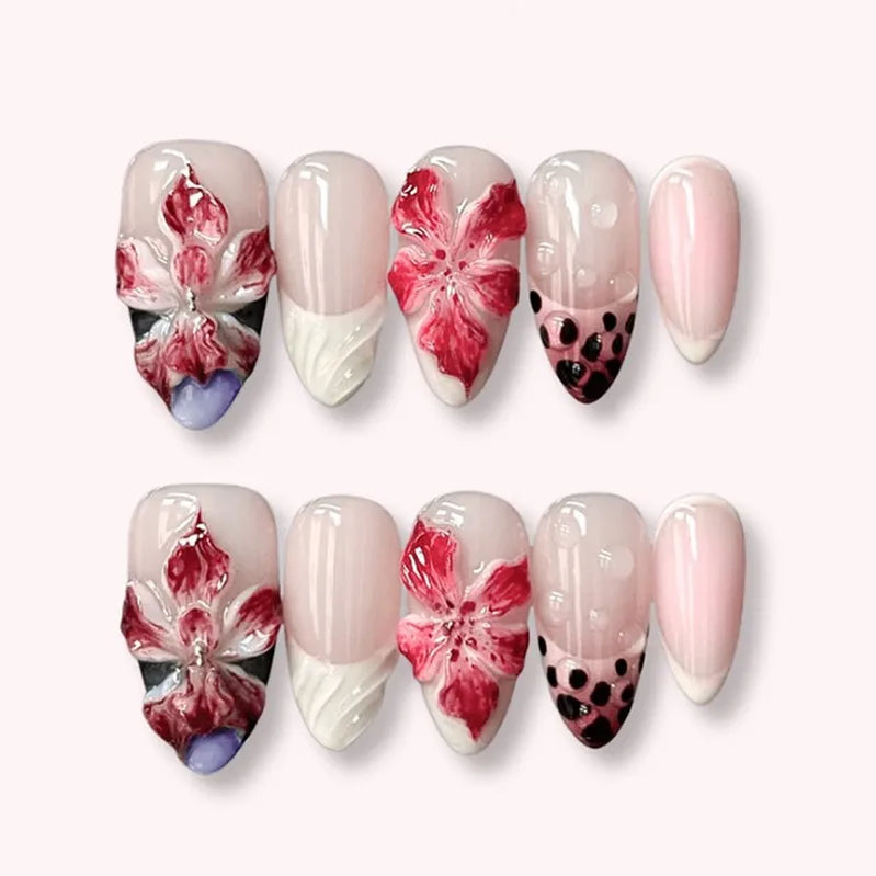 24Pcs 3D Flower Red Smudge French Full Cover Nails Tips Mid-length Almond False Nails Press on Detachable Artificial Fake Nails