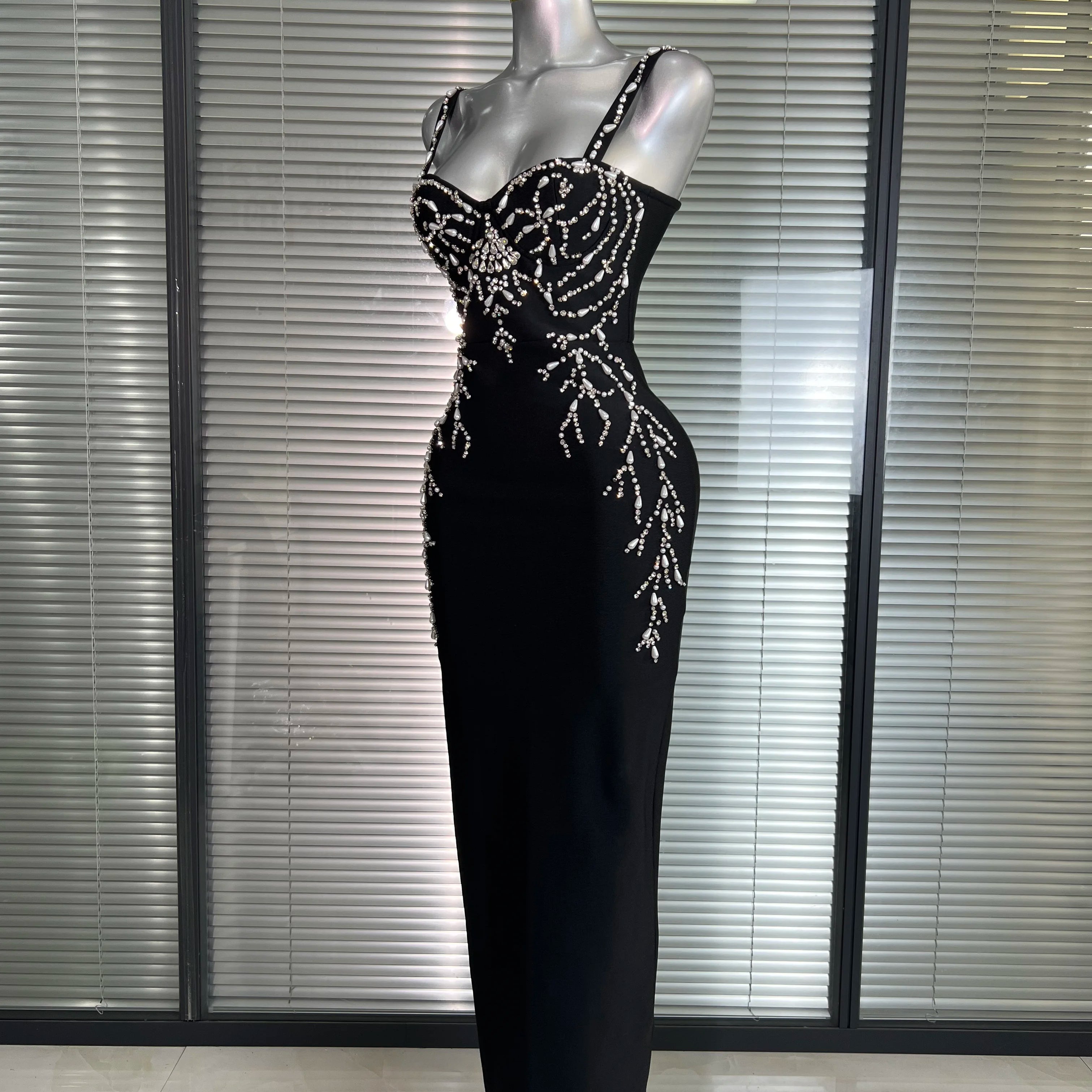 Summer New 2025 Women Black Long Bodycon Bandage Dress Crystal Evening Party Dress Vestido