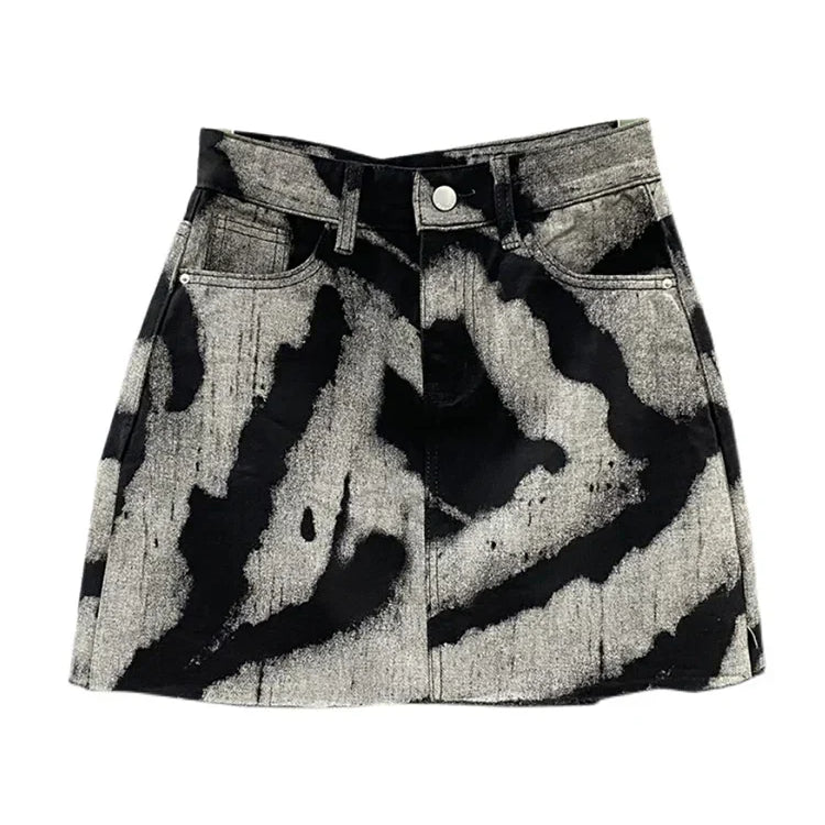 DEAT Streetwear Contrast Color Print Burrs Denim Skirt Women's High Waist Loose Trend A-line Skirts Summer New 17A2006H