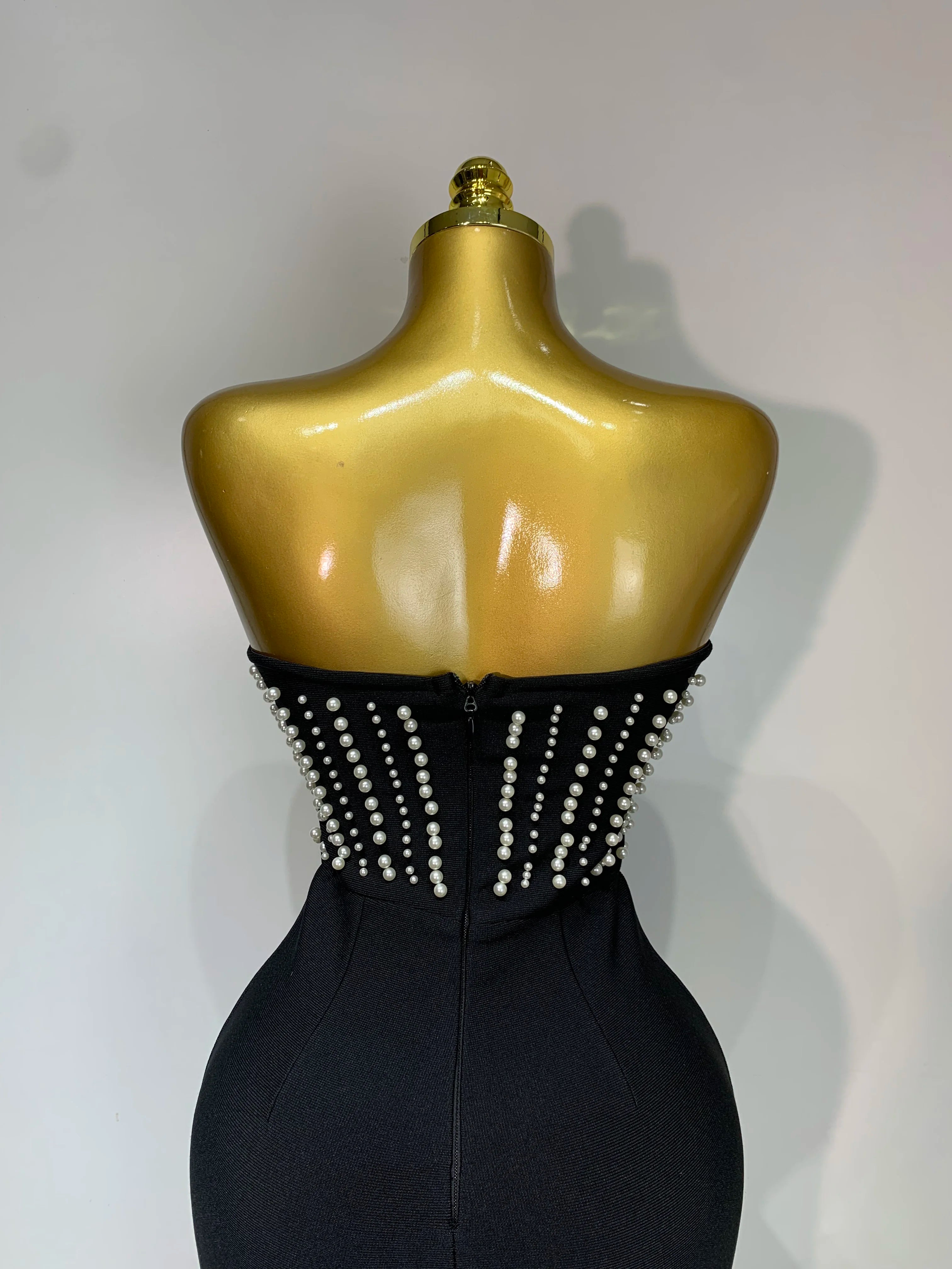 Women Sexy Black Sleeveless Backless Pearls Beaded StraplessBeading Bodycon Bandage Jumpsuit Evening Party Birthday Club Outfit