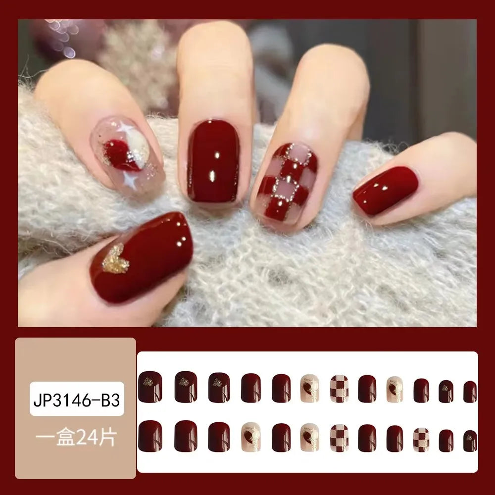 24Pcs Red Fake Nails with 3D White Flower Design Mid Length Coffin Press on Nails Wearable Korean Sweet Flower False Nails