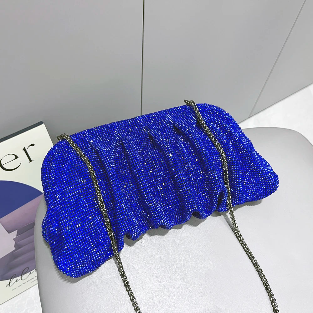 Shiny Rhinestones Handmade Evening Clutch Bags New Folds Purses And Handbags Luxury Designer Wedding Party High Quality Dark blue
