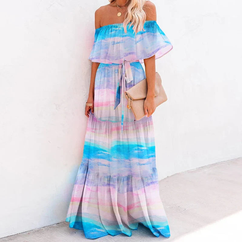 Multicolored Bohemian Ruffled Off Shoulder Self Belted Party Dress Cotton Tunic Women Boho Maxi Dresses Vestidos A324 Sky blue
