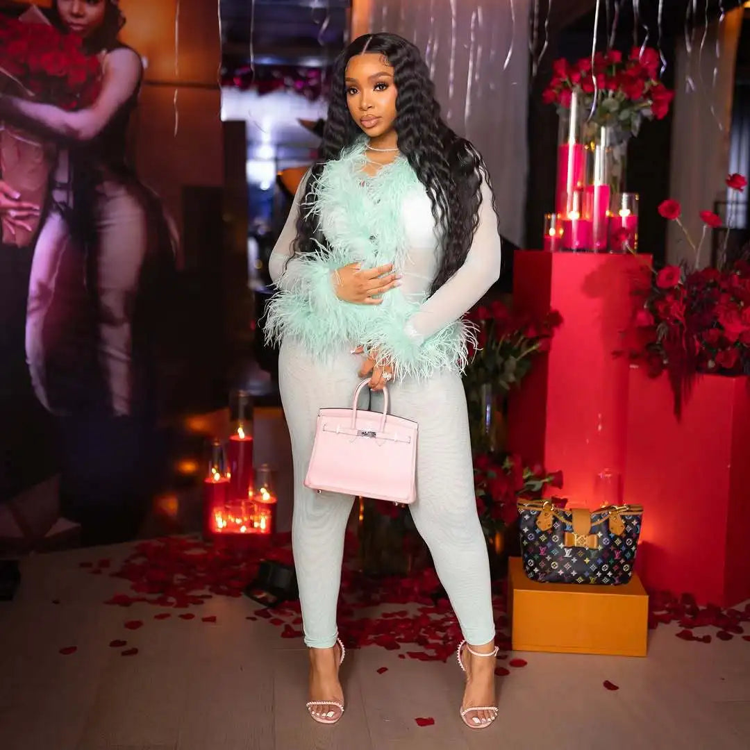 CM.YAYA Fashion Mesh See Though Women's Set Feather Side Long Sleeve Crop Top and Legging Pants 2025 Sexy Two 2Piece Sets Outfit