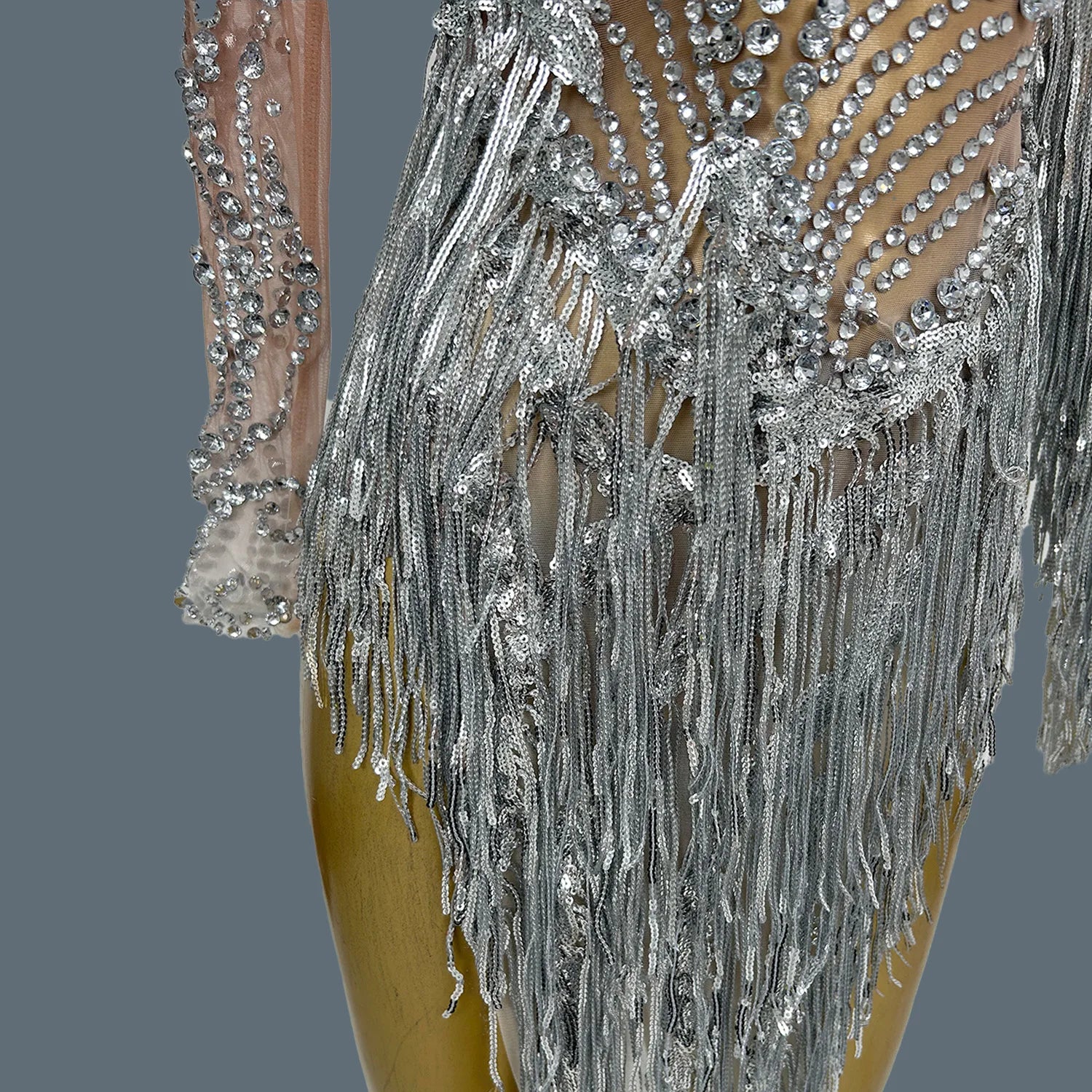 Stunning White Pearls Mini Dresses Club Show Long Sequins Tassel See Through Mesh Dress Birthday Party Dance Event Wear Fumao