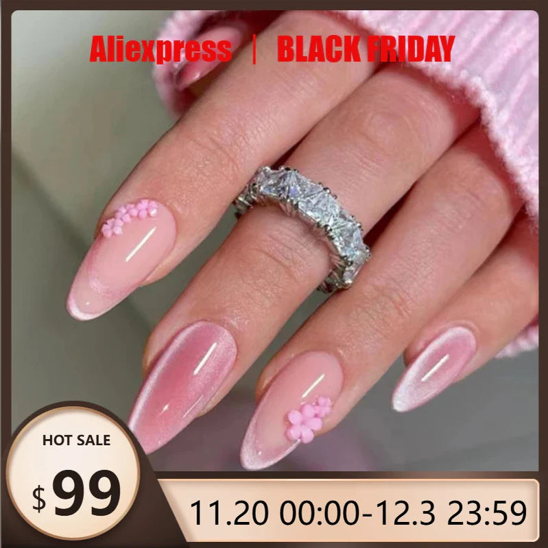 24Pcs Almond Cat-Eye Press-On Nails in Blush Pink Reusable&Wearable Elegant 3D Floral French Tips for Women&Girls’Daily Wear
