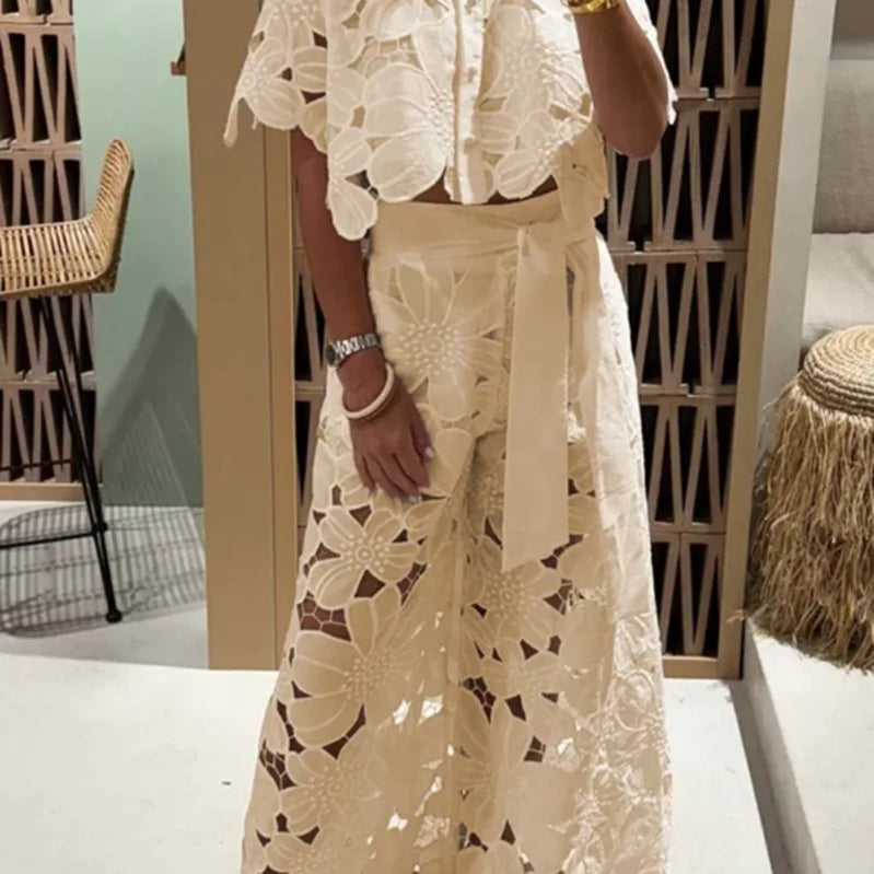 Sexy Lapel Single-breasted Shirt Top + Wide-leg Pants 2-piece Set Women Fashion Solid Color Elegant Casual Hollow Suit Female