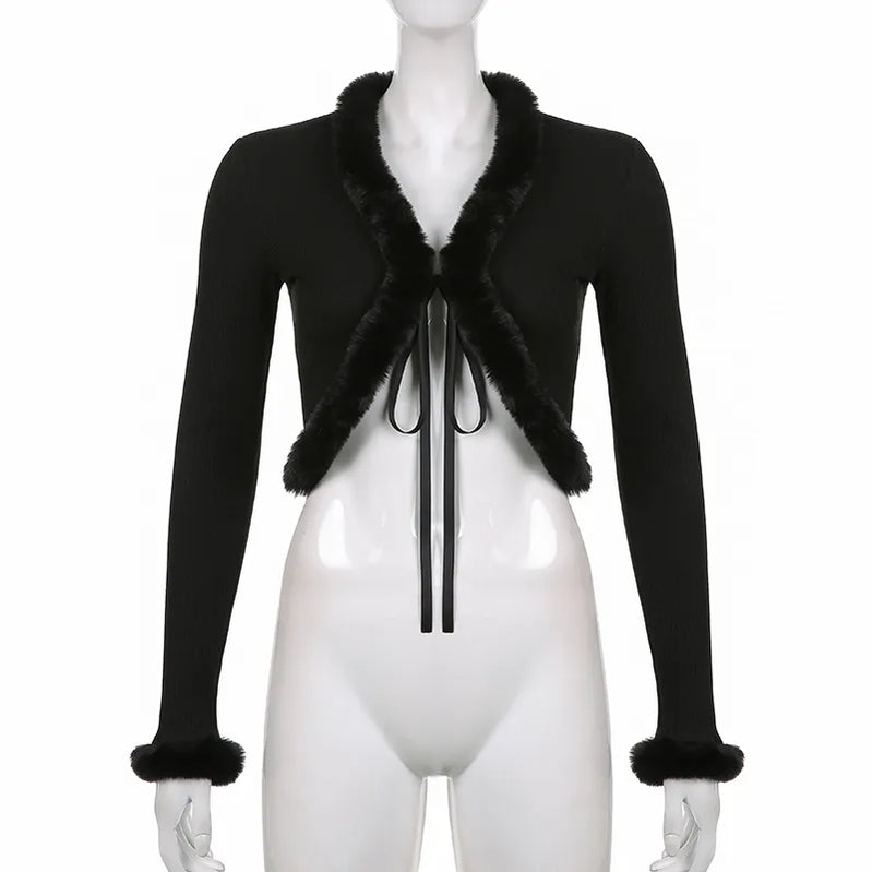 Women's Y2k Cropped Cardigan Sweater Long Sleeve V-Neck Faux Fur Trim Tie-up Crop Top Open Front Knitted Coat Vintage Streetwear black