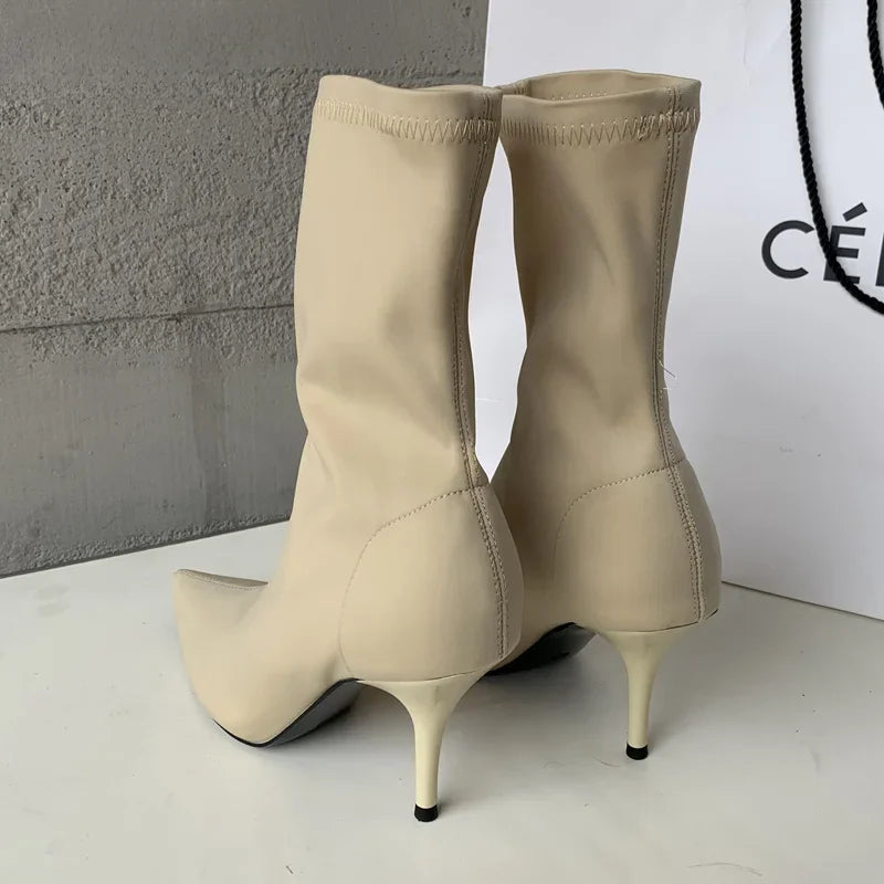 New Spring Autumn Stretch Fabric Women Ankle Boots Sexy Pointed Toe High Heels Fashion Female Socks Pumps Shoes Apricot