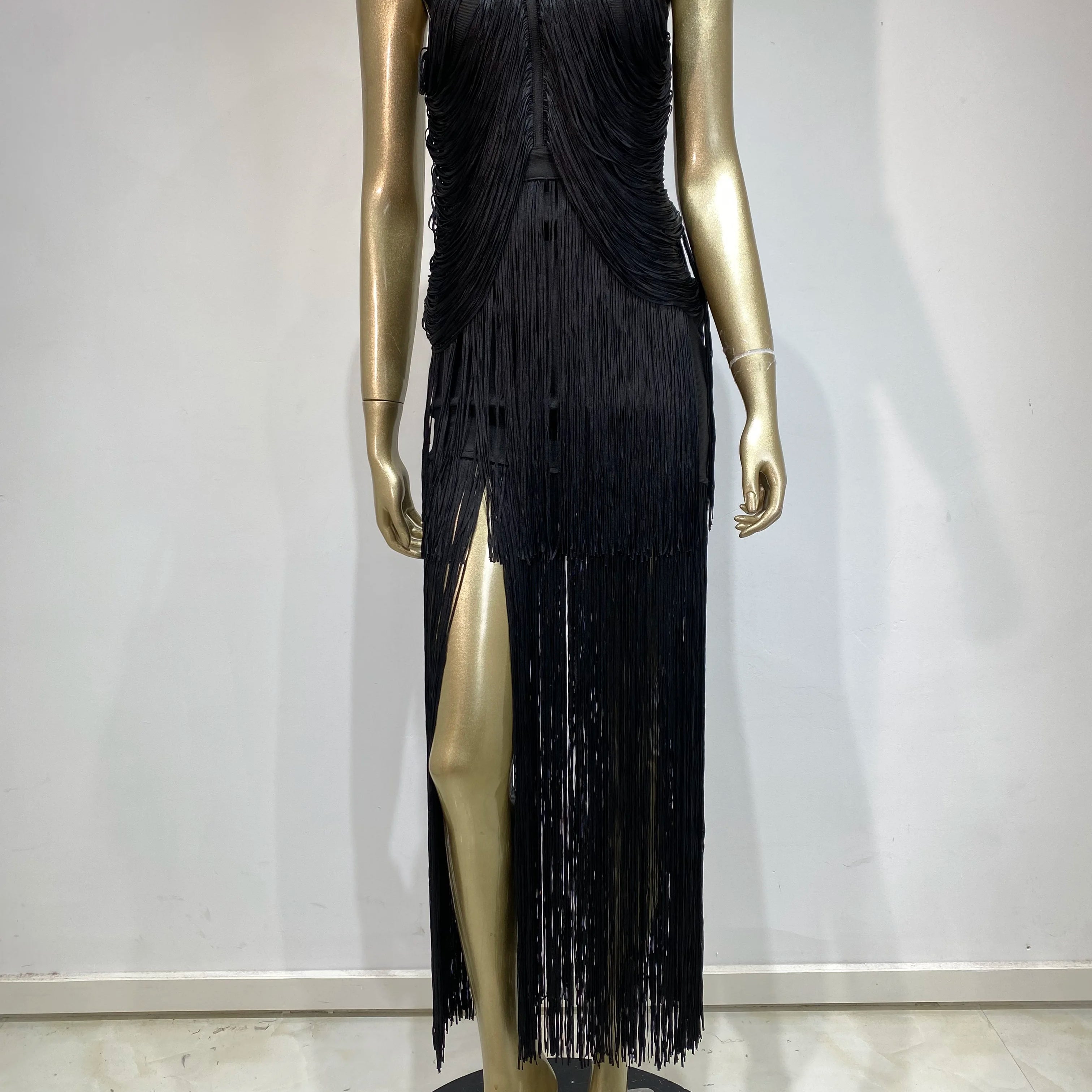 Women Celebrity Sexy Backless Tassel Green Black Ankle Length Bodycon Bandage Dress 2025 Elegant Evening Club Party Outfit