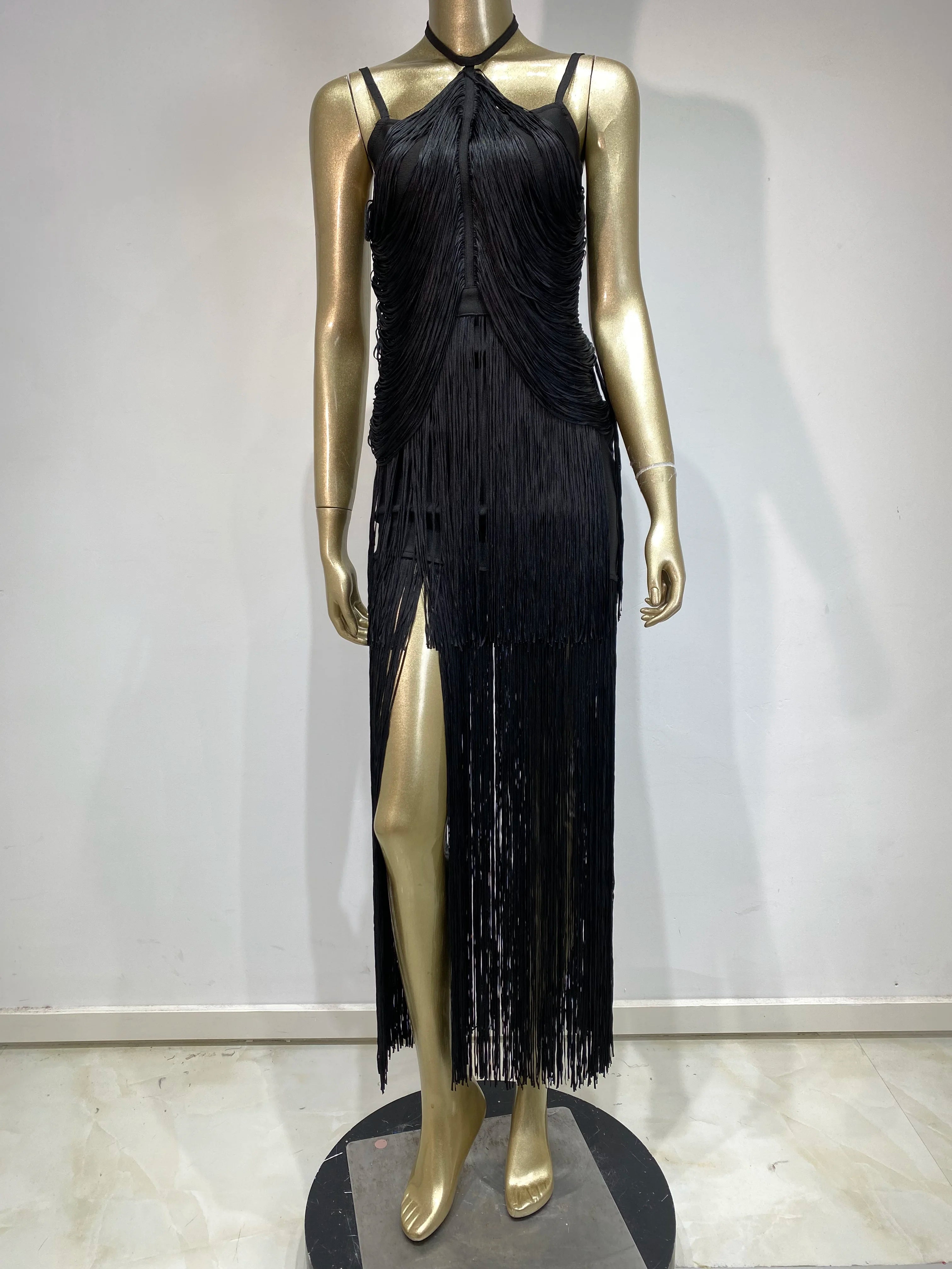 Women Celebrity Sexy Backless Tassel Green Black Ankle Length Bodycon Bandage Dress 2025 Elegant Evening Club Party Outfit