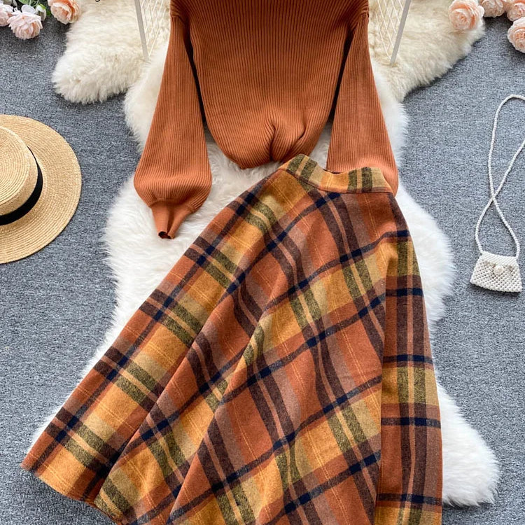 SINGREINY Women Retro Sweater Suits Fashion Lantern Sleeve Sheath Knitted Top+Elastic Loose Long Skirt Two Pieces Sets light brown