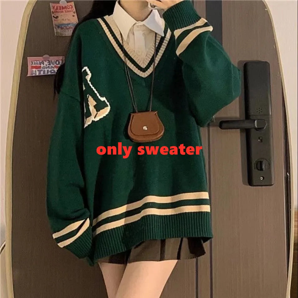 Korean Popular Autumn New Loose Knitted Sweater White Shirt Wide Leg Trousers Three Piece Elegant Women's Pants Set only sweater