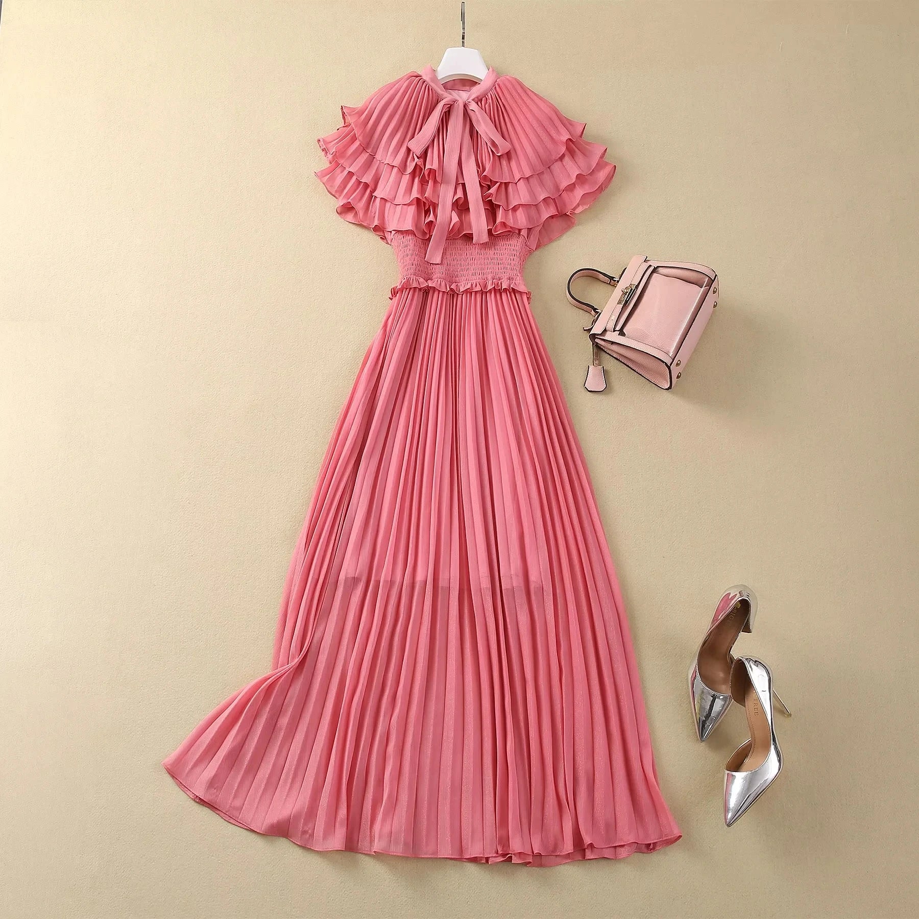 ZJYT Designer Elegant Cloak Sleeve Pleated Dresses for Women 2024 Runway Summer Fashion Elastic Waist Long Party Evening Dress pink