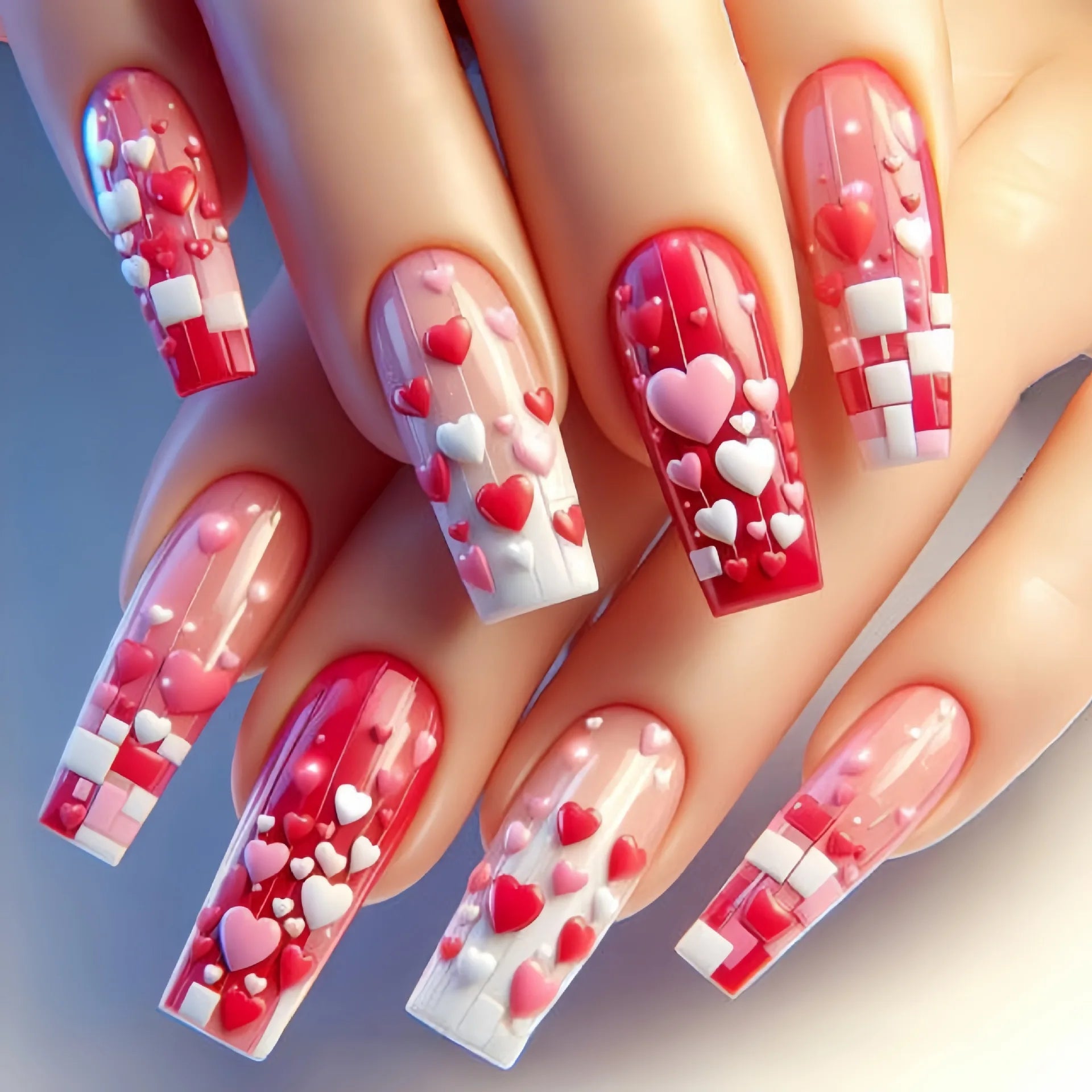 24pcs/set medium long fake nails for women cute gradient pink red heart rose flowers for Valentine's Day press on acrylic nails