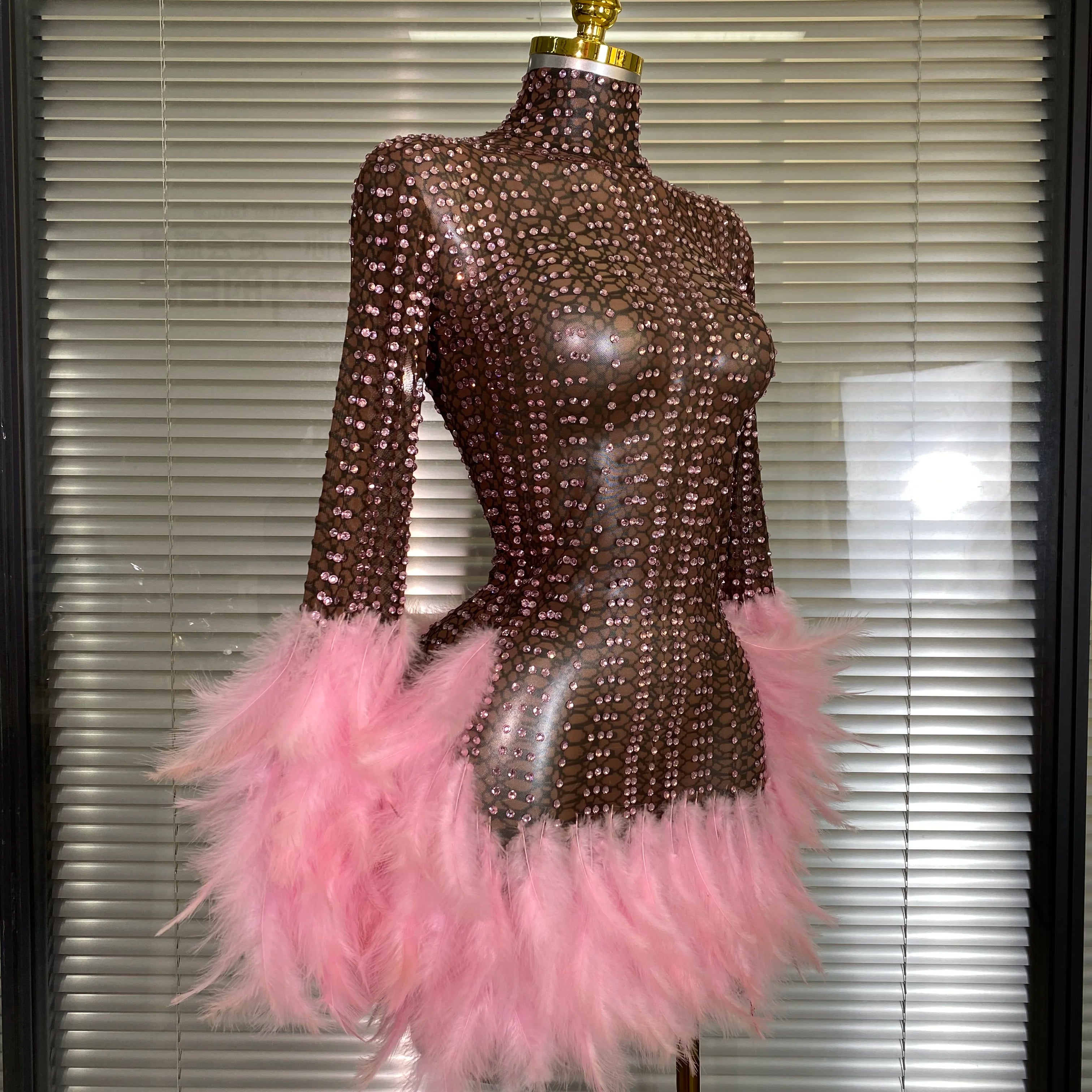New Women Sexy Transparent Stretched Mesh Feathers Stage Performance Costume Stage Dancer Singer Mini Night Club Party Dress