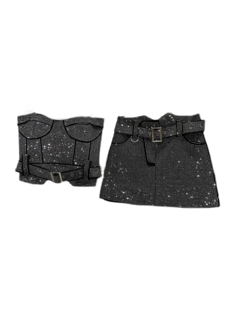 Summer Female Shiny Rhinestone Splice Sexy Strapless Women's High Waist Belt Designer Mini Short Skirts