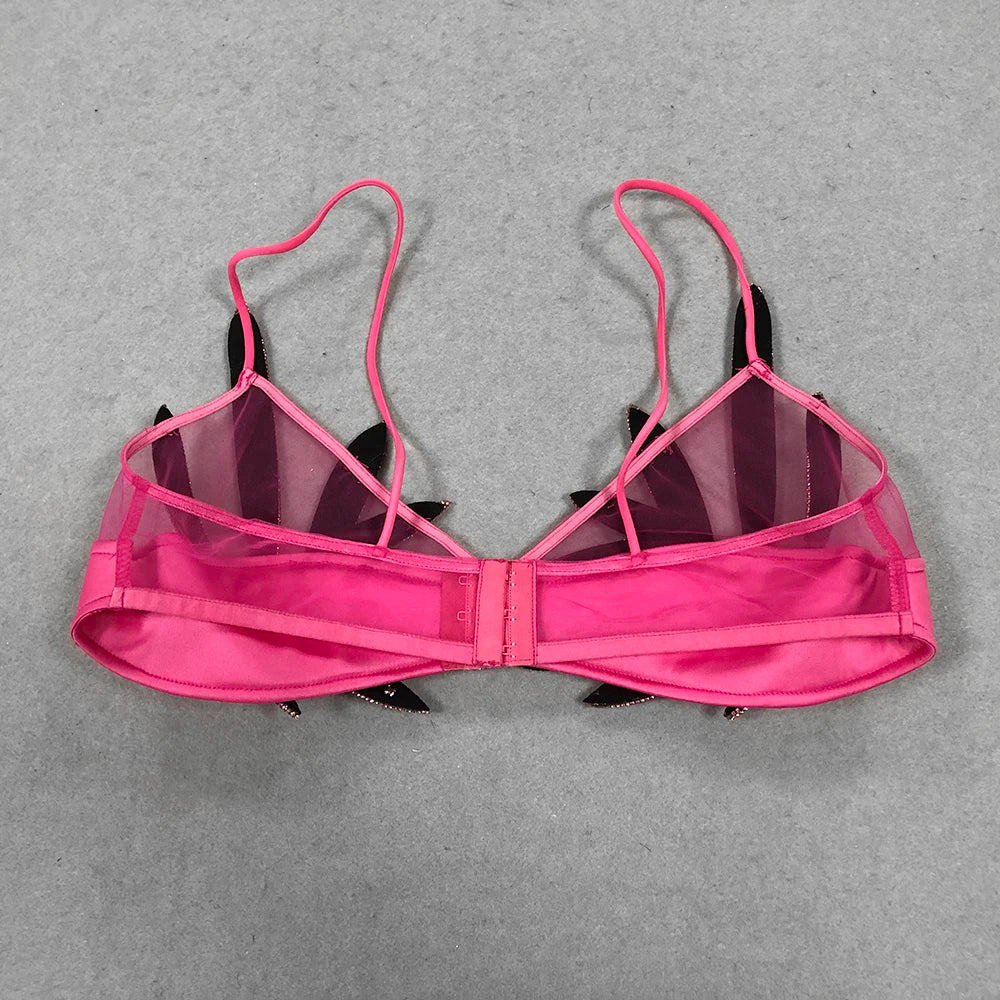 2025 Sexy Women'S Chiffon Patchwork Satin Diamond Studded Bra Top Spaghetti Strap Sleeveless Concealed Button Ultra Short Top