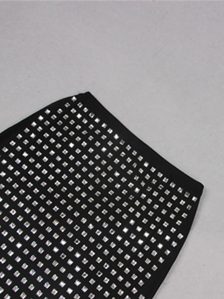 Summer Women Black Diamonds Midi Bodycon Skirt Designer High Waist Party Office Lady Elegant Split Skirt