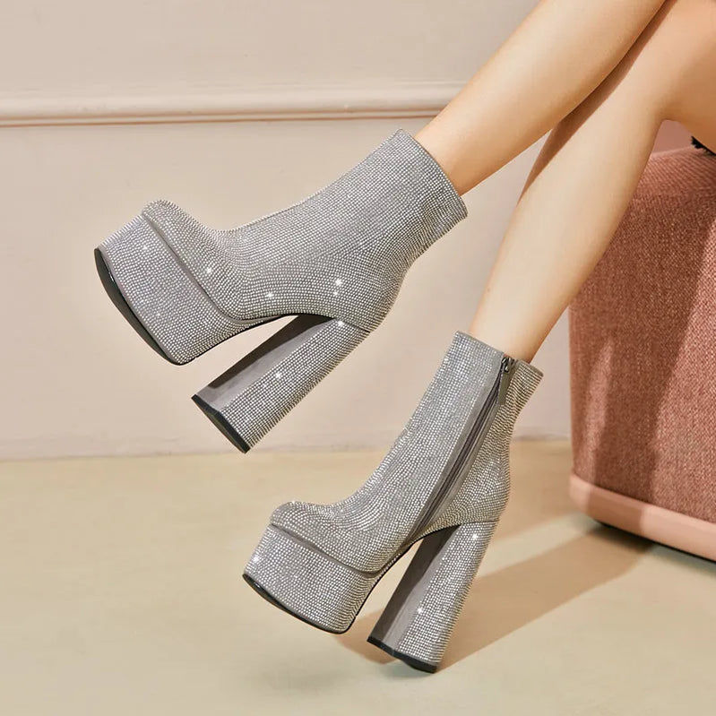 Fashion Crystal Women Ankle Boots Platform Suqare High Heel Punk Boots Full Suede Autumn Winter Woman Motorcycle Boots