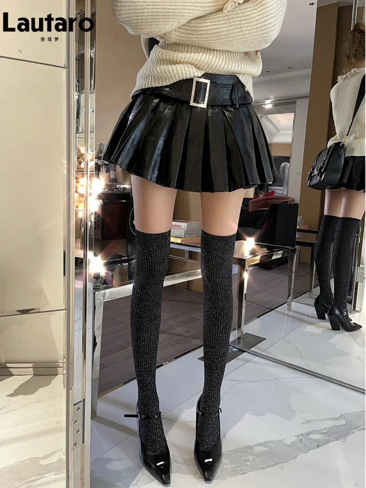 Spring Summer Black Shiny Patent Pu Leather Mini Pleated Skirt Women Belt High Waist Short Luxury Designer Y2K Clothes