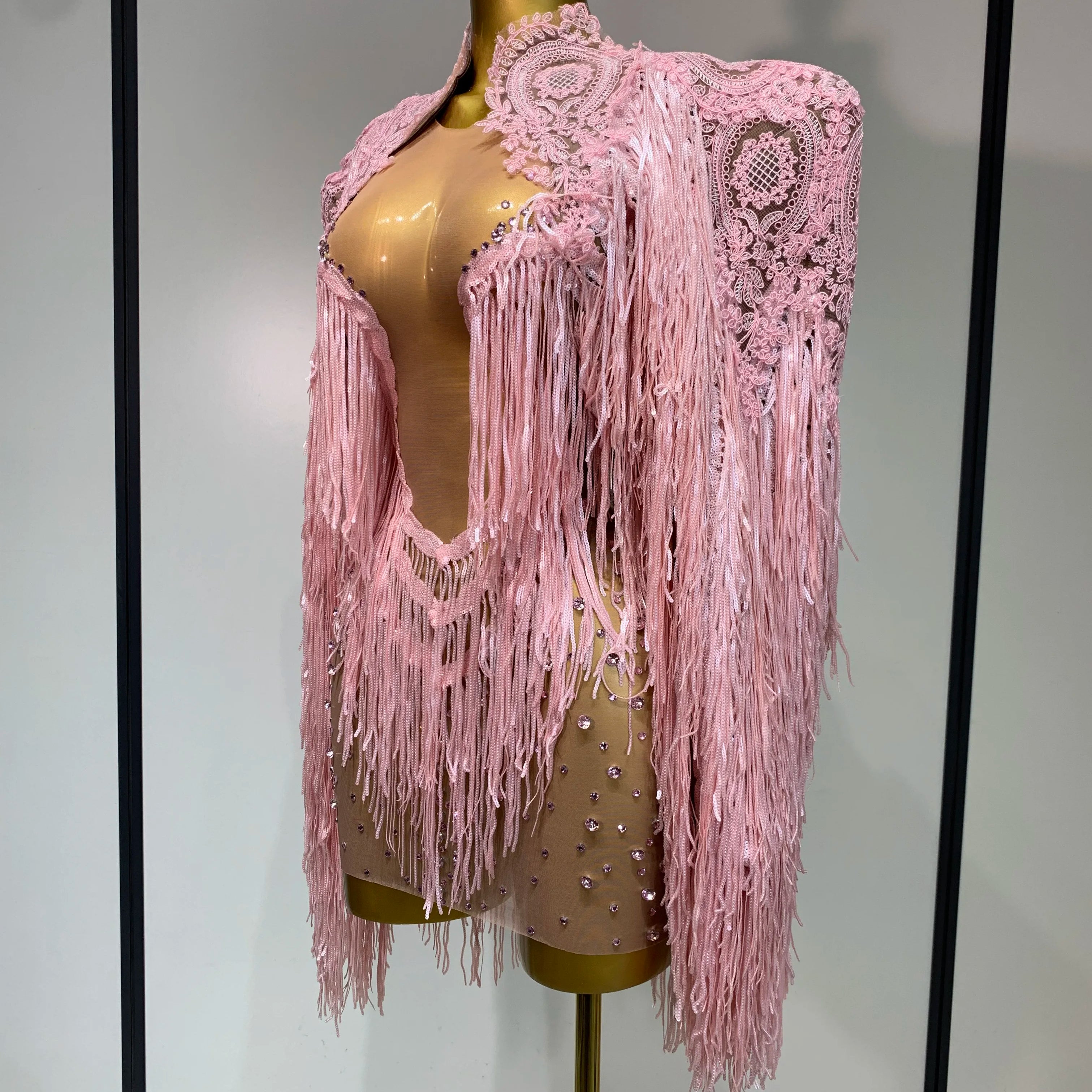 Women Sexy Transparent Long Sleeve Bodycon Dress Two Piece Set Luxury Sequin Fringes Evening Party Celebrity Performance Costume