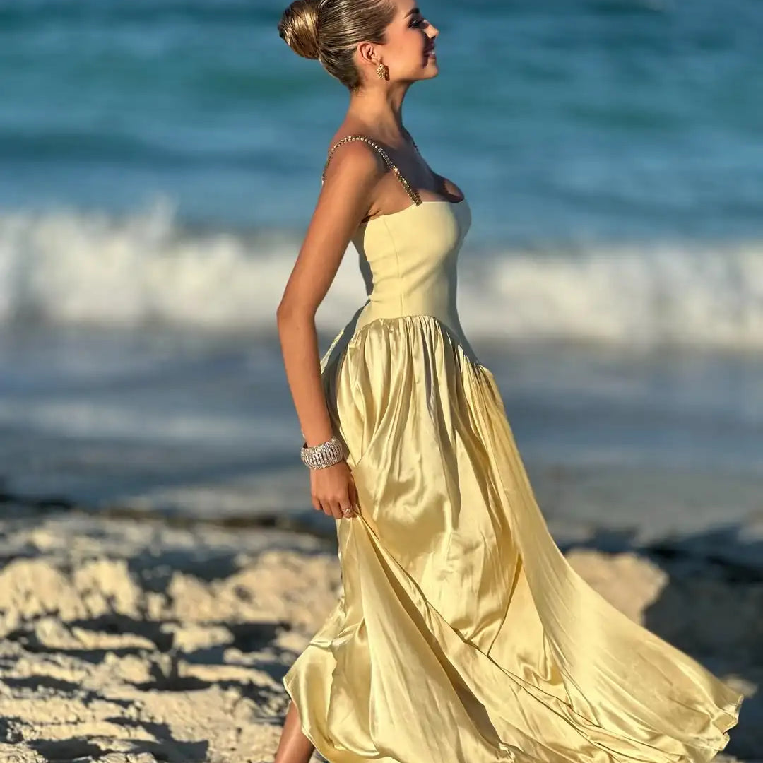 Yellow Women Sleeveless Sexy Strap Square Collar Long Bandage Maxi Dress Beach Style Celebrate Birthday Vacation Party Dress