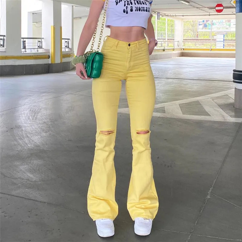 Women Stretch Flare Yellow Ripped Jeans Lady Vintage Y2K Punk High Waist Hips Strap Pants Lady Streetwear Bell Bottom Trousers