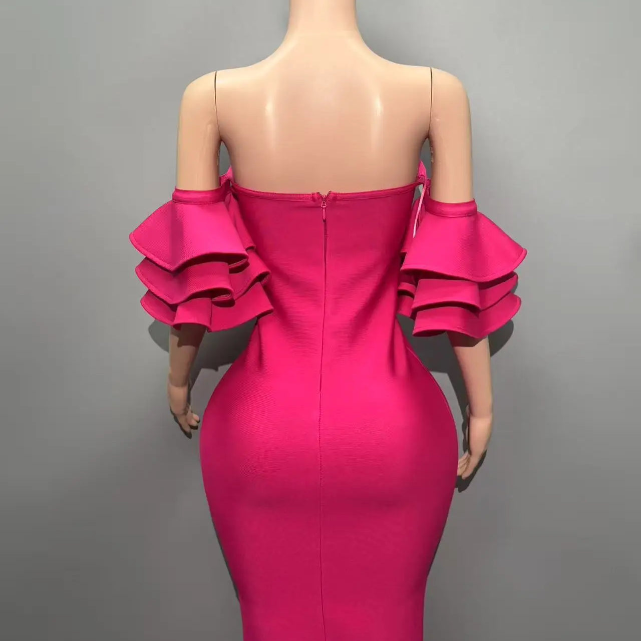 Rosered Color Women Sexy Strapless Ruffles Bodycon Mini Bandage Dress Celebrate Nightclub Party Birthday Vacation Outfit