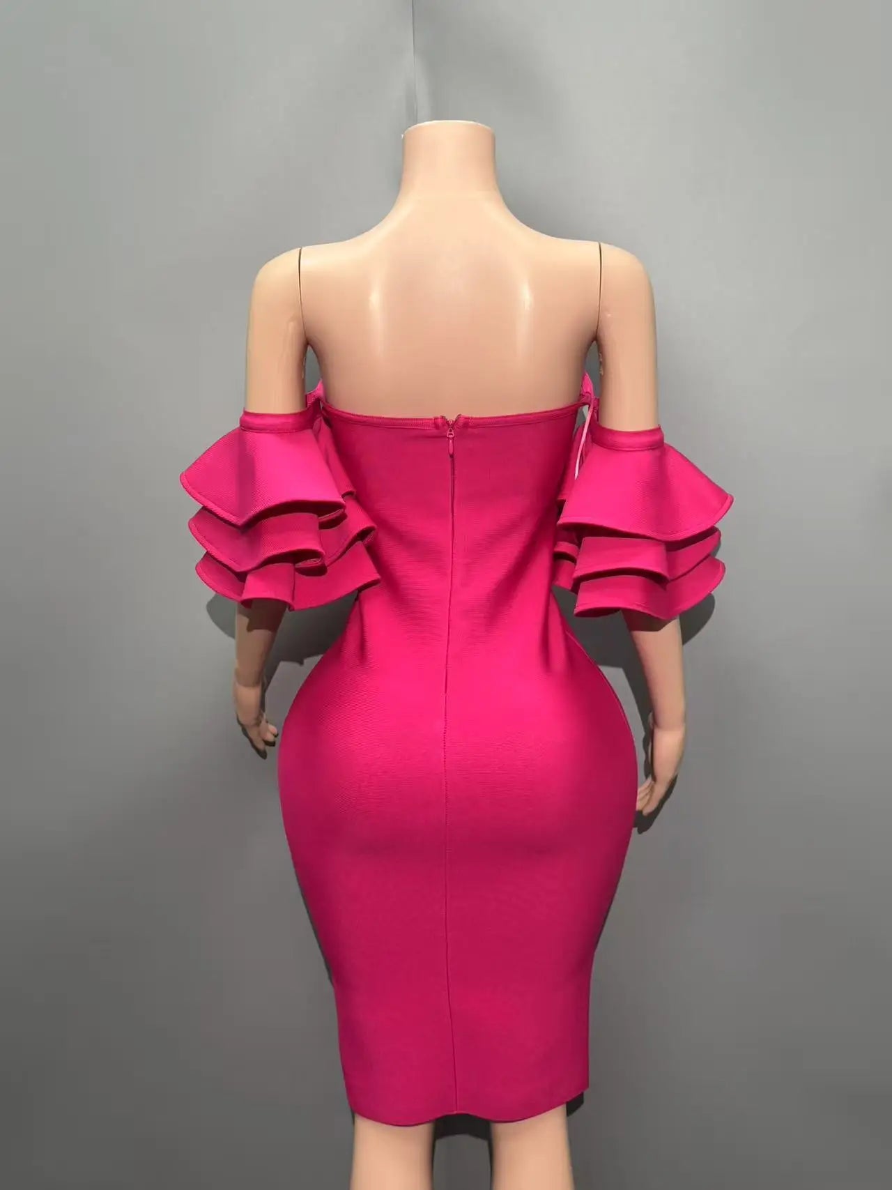 Rosered Color Women Sexy Strapless Ruffles Bodycon Mini Bandage Dress Celebrate Nightclub Party Birthday Vacation Outfit