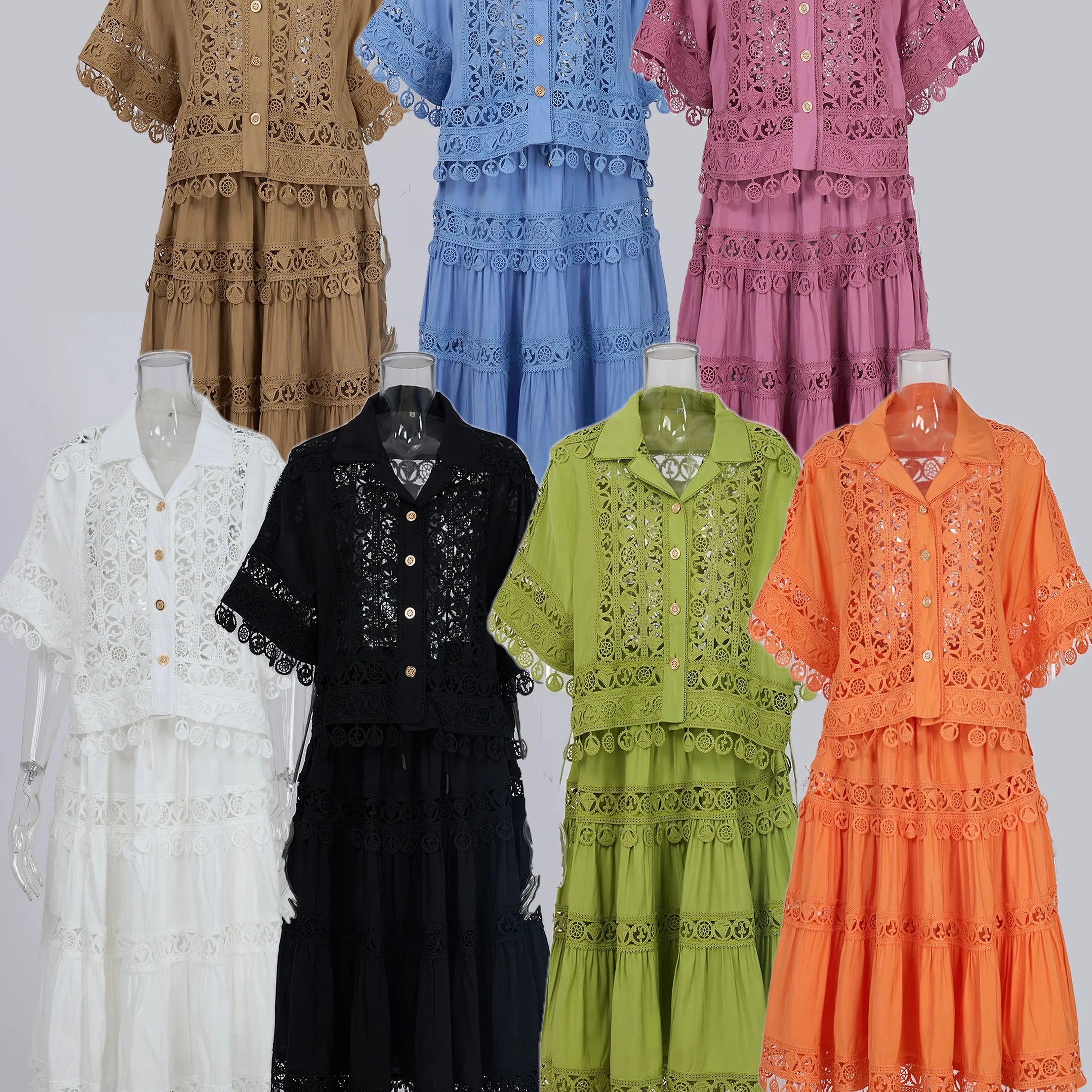 Embroidery 2 Pieces Set Women Hollow Out Loose Shirt Tops + Elastic Waist Midi Skirts Suit Summer Vacation Lace Ladies Outfit