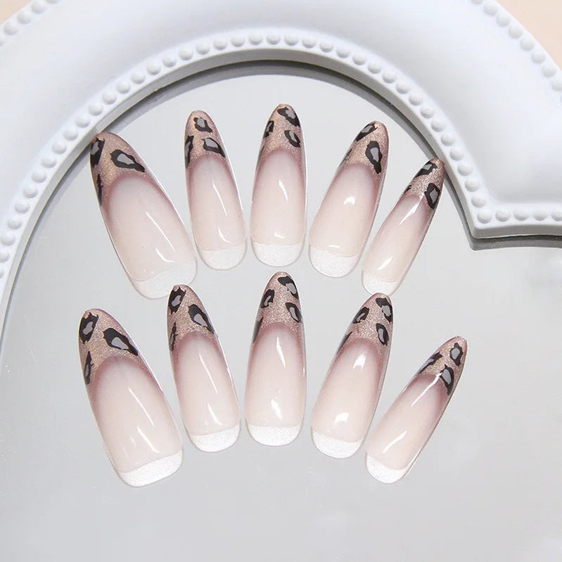 24pcs French Cat Eye Leopard Print Press on Nails Simple Short Nails Full Cover Wearable False Nails